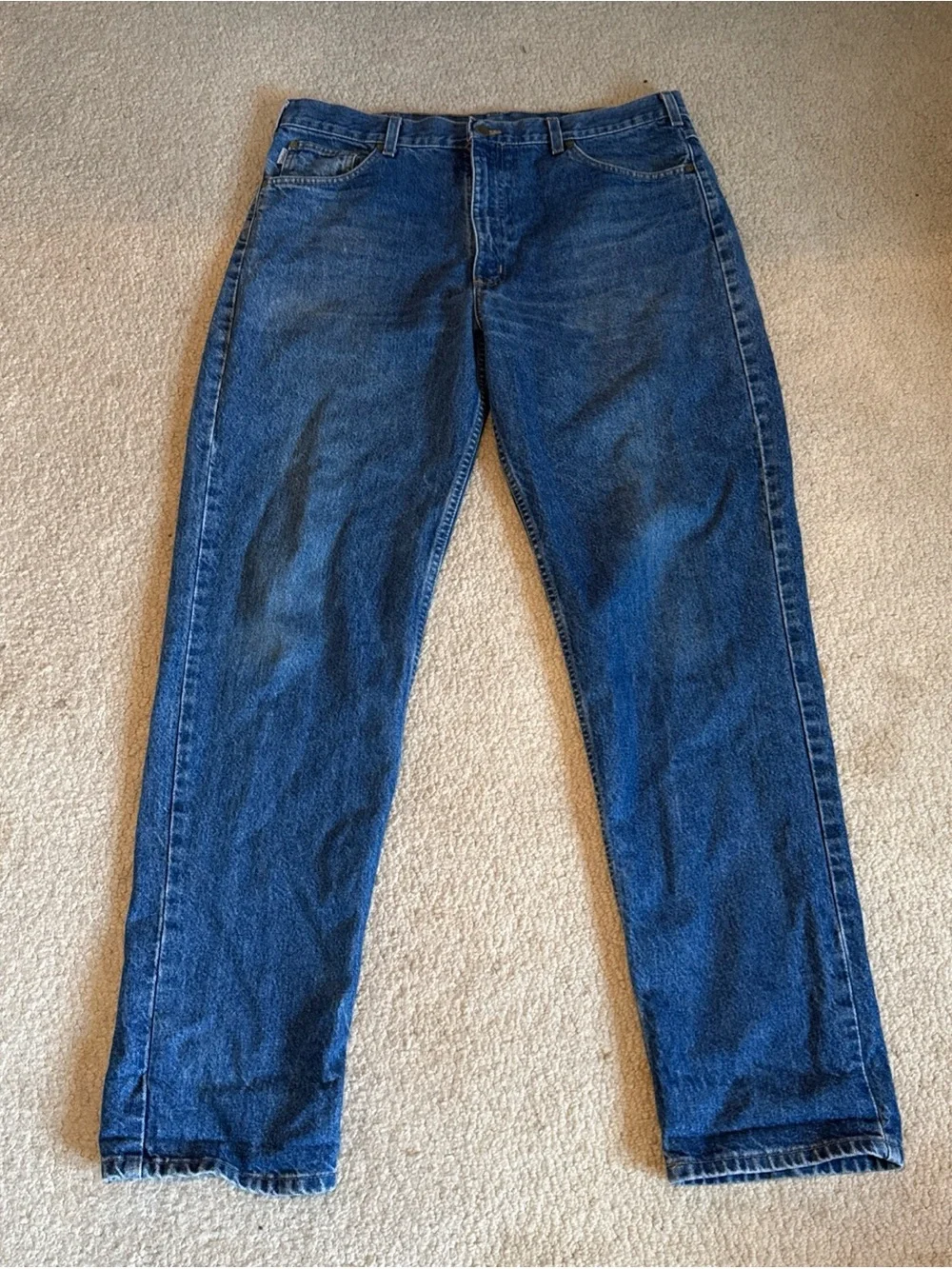 Vintage Carhartt Denim Relaxed Fit Jeans Leather Patch 2002 Workwear | 38Wx34L - Picture 2 of 8